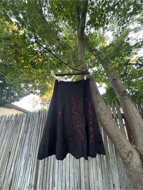 Y2K Black Midi Skirt with Red Embroidered Cutouts and Black Beading